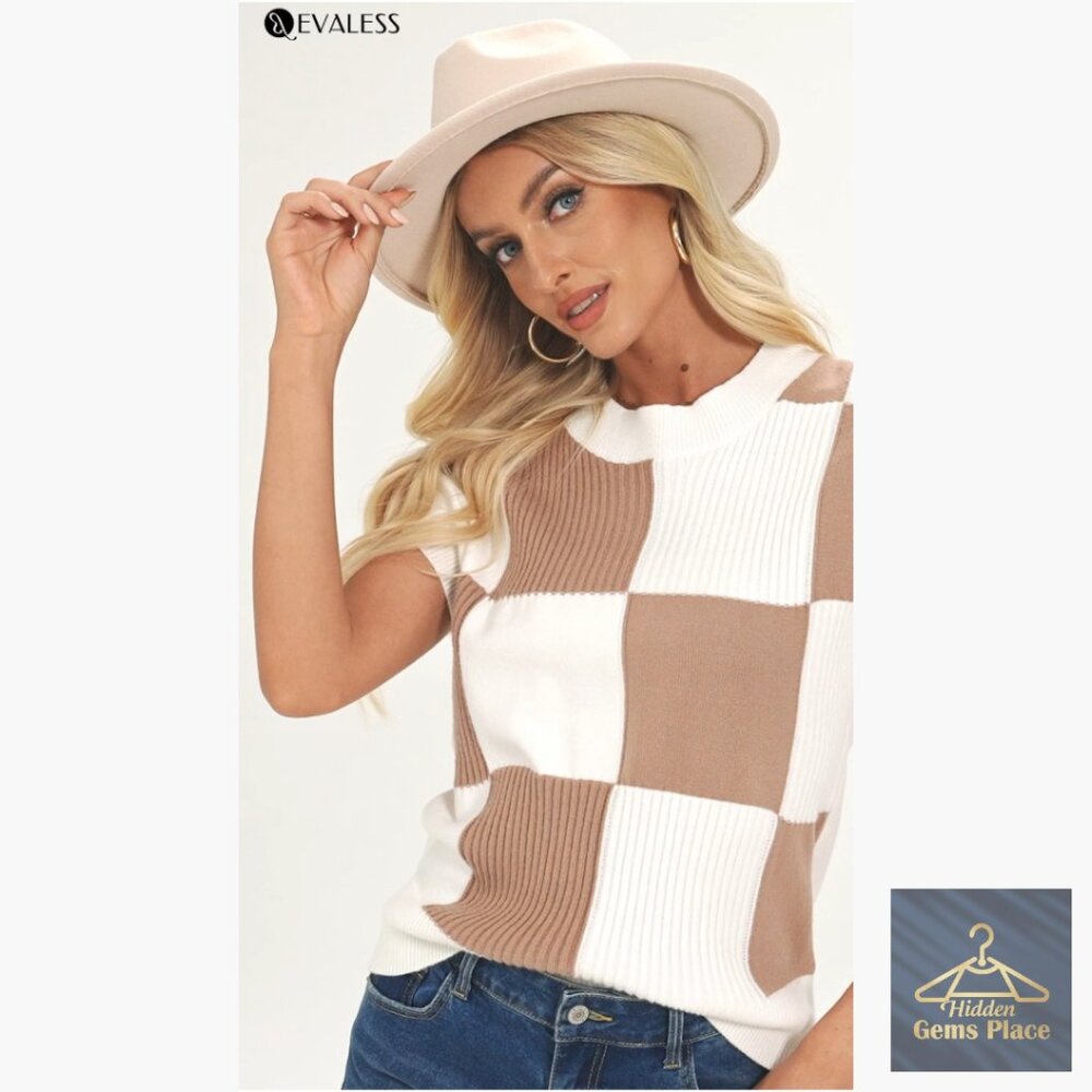 Short Sleeve Crewneck Sweater Vest, Color Block Knit Top, Relaxed Fit - Picture 6 of 7